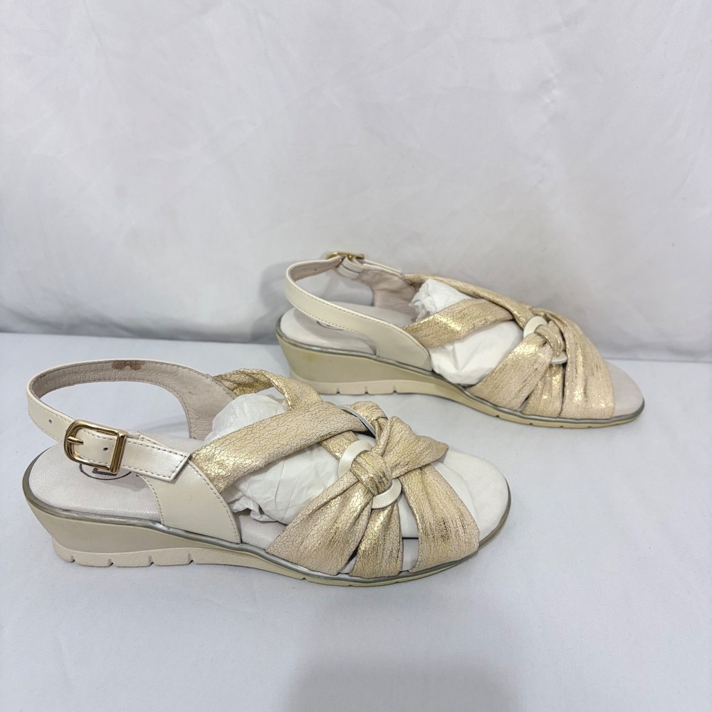 Descanflex Wedge Sandals Metallic Gold Cream Crossover Strap Made in Spain‎ 37